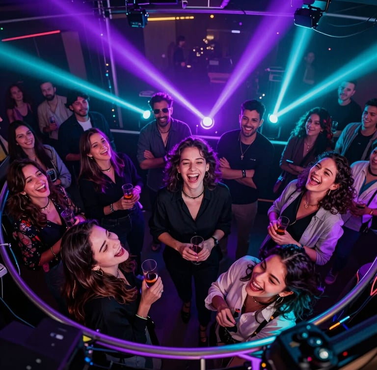 Dynamic low-angle event photography of guests laughing on an aerial 360 video platform, vibrant purple and cyan neon party lights, sharp focus, high-contrast, 35mm