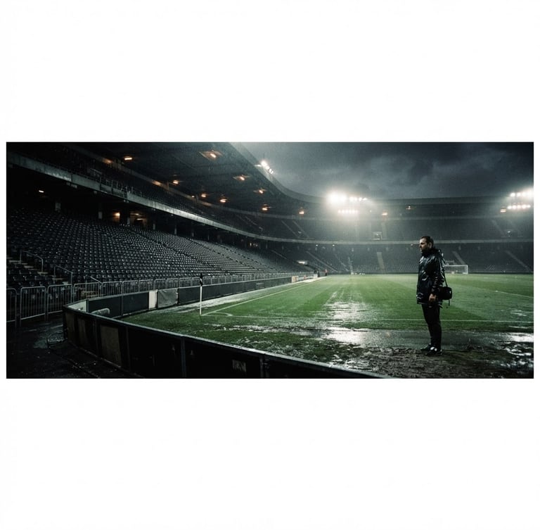 moody sports photography, dramatic stadium lighting, high-contrast desaturated tones, wide-angle lens, authentic grain, empty stadium before kickoff, rain-slicked field, distant stadium lights, panoramic 21:9 frame, off-center subject, right third.