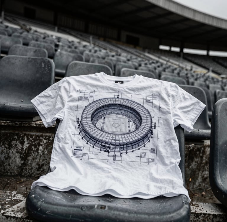 Wide-angle photograph of a t-shirt with a detailed stadium blueprint graphic, draped over a weathered stadium seat, dramatic lighting, high-contrast desaturated tones, authentic grain.