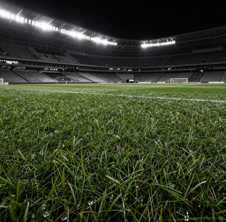 moody sports photography, dramatic stadium lighting, high-contrast desaturated tones, wide-angle lens, authentic grain, extreme macro detail of weathered turf, dew drops on grass, close-up, portrait aspect, left side of frame.