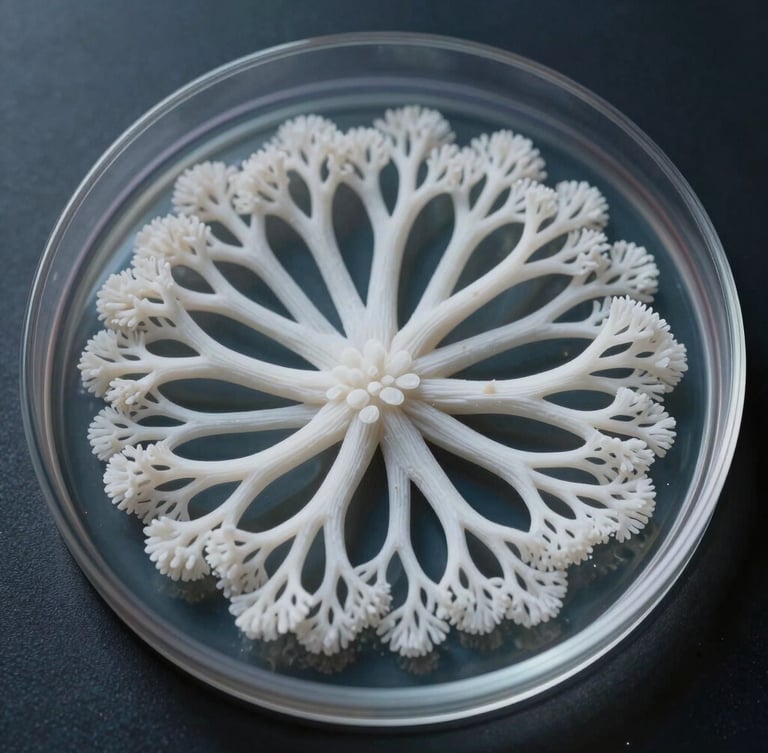Macro photography of pure white rhizomorphic mycelium growing in a perfect concentric circle on a dark agar petri plate, cool sterile lighting.