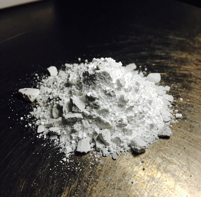 Macro photograph of pure white crystalline potassium feldspar powder on a dark metallic laboratory surface, razor-sharp focus, low-key gold lighting, 35mm