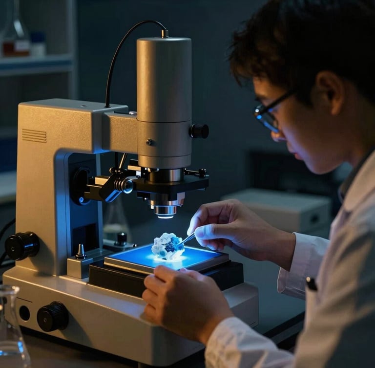 Industrial laboratory chemist analyzing mineral samples under blue light, high-precision testing equipment, dark navy background with gold highlights