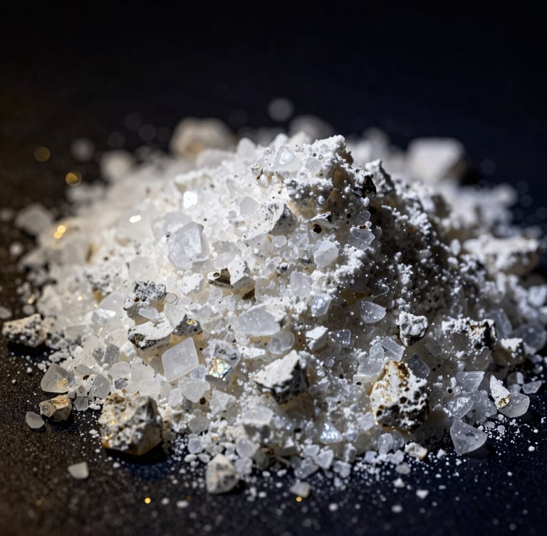 Extreme macro photograph of pure white crystalline potassium feldspar powder, sharp geological textures, dramatic low-key gold and dark navy lighting, 35mm