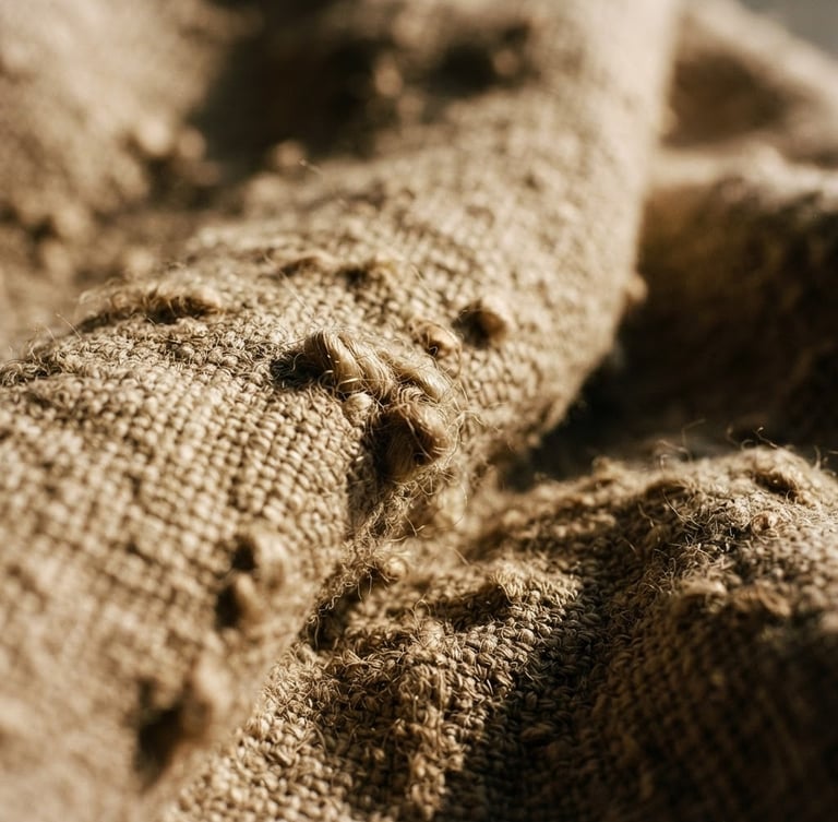 Tight macro shot of heavy unbleached flax linen weave, raw slub texture, dramatic low-angle afternoon window light casting deep shadows in the fabric folds, warm earth tones, shallow depth of field, 35mm photography