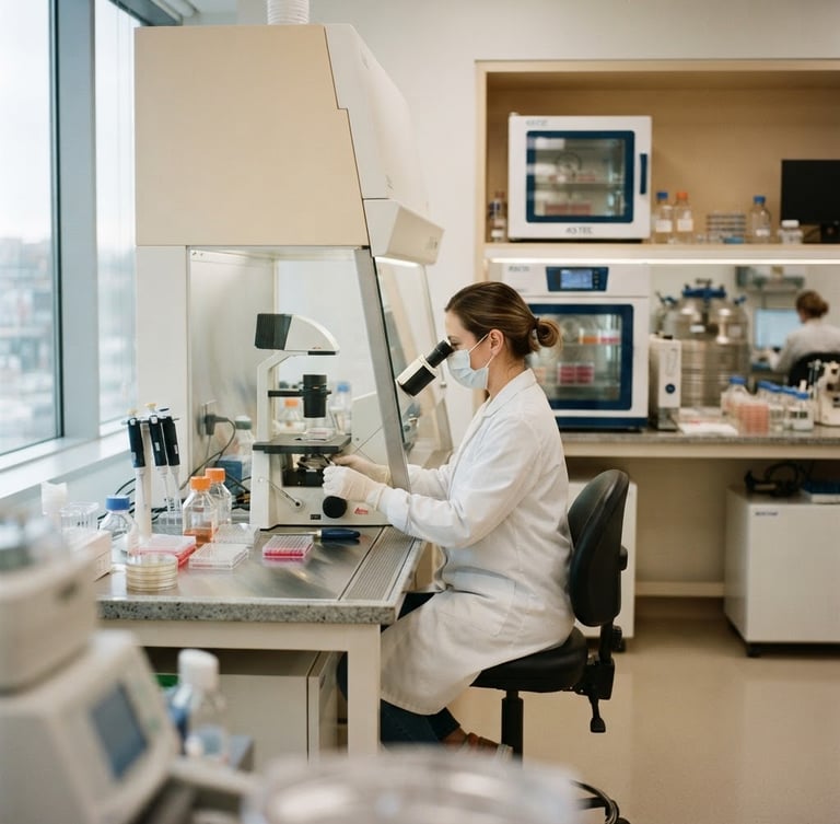 A bright, clean modern IVF laboratory with state-of-the-art incubators, soft natural window light, clinical precision, warm cream tones, 35mm photography