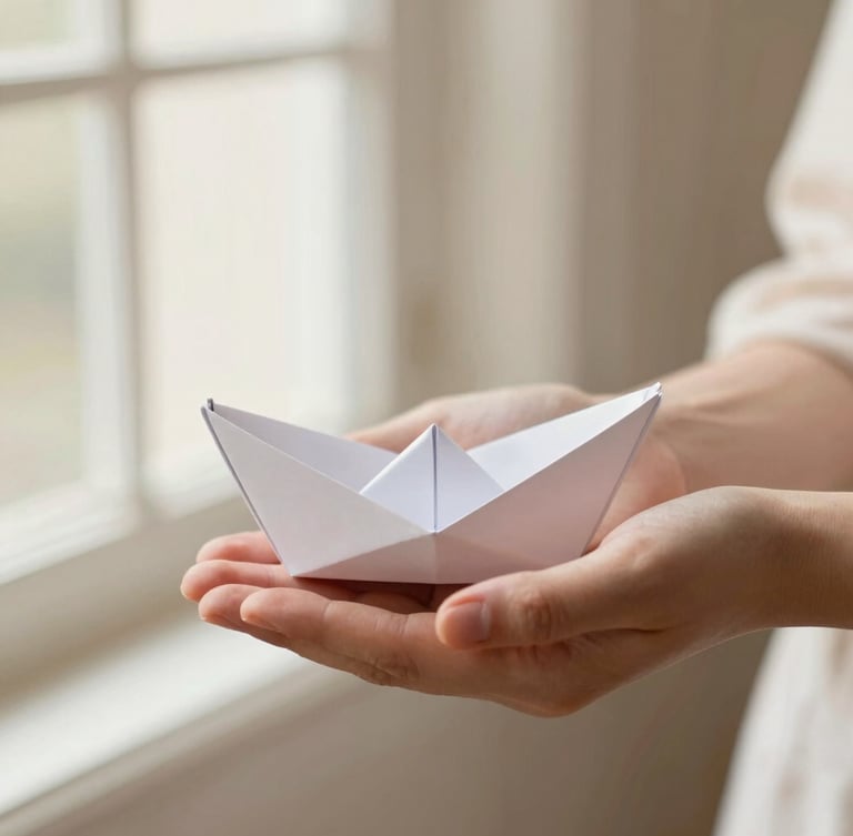 Close-up of supportive hands gently holding a small paper origami boat, soft natural window light, cream tones, warm editorial photography style