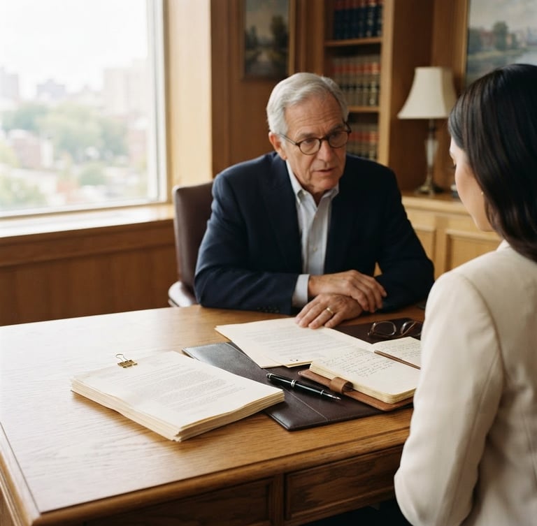 A quiet, professional legal consultation room with soft window light, structured documents on a wooden desk, warm editorial photography style, 35mm