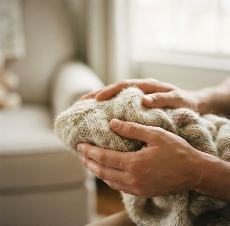 A warm, respectful close-up of supportive hands holding a small baby blanket, soft natural morning light through a window, muted cream and pastel tones, shallow depth of field, 35mm