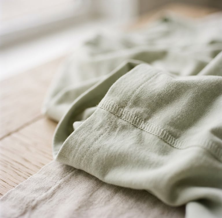 Softly folded organic cotton loungewear, close-up of delicate seams, diffused morning light, shallow depth of field, off-center composition to the right.