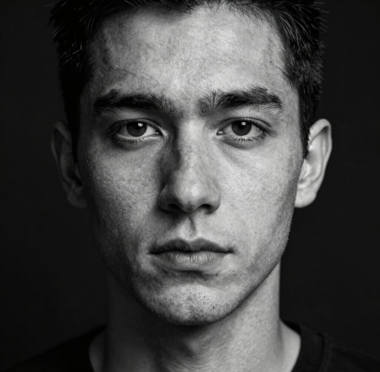A stark, high-contrast black and white portrait of a person looking directly into the lens, harsh direct flash, dark empty background, raw skin texture visible.