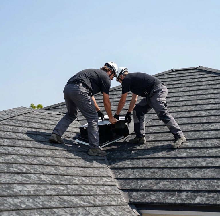 Clean-cut roofing crew actively working on a residential roof, bright natural daylight, high-contrast deep charcoal tones, sharp focus, 35mm, emphasizing safety and professionalism, low angle.