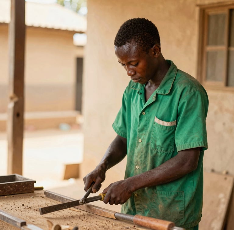 A young Senegalese student in green workwear operating a carpentry tool in a bright, sunlit workshop in Kolda, warm natural daylight.