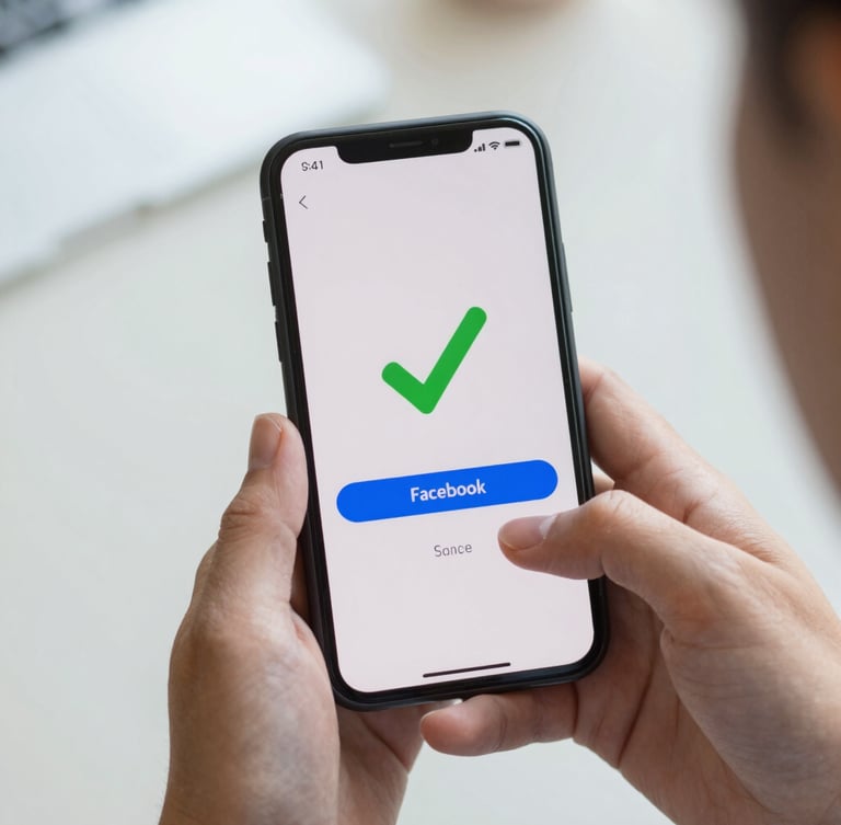 Portrait shot of hands holding a smartphone in bright daylight, showing a successful Facebook login screen with a green checkmark, shallow depth of field.