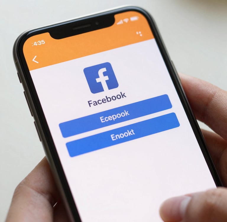 Macro shot of a clean smartphone screen in bright daylight, displaying a Facebook two-factor authentication error loop, hands holding the device, soft orange accents, shallow depth of field