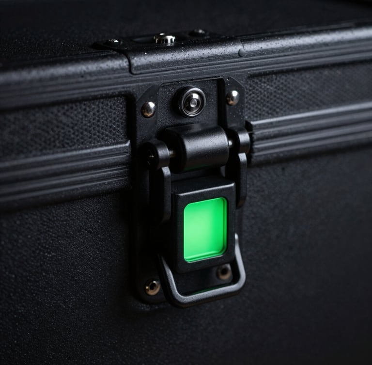 dramatic low-key product photography, close-up of a heavy-duty tactical flight case latch with neon green glowing status indicator, dark matte metal background, 50mm lens