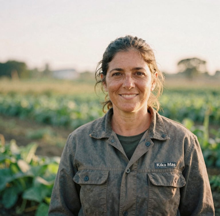 Honest portrait of Kika Mas, a woman in her late 40s with a warm smile, wearing work clothes in an organic farm field, soft morning golden-hour light, 35mm film grain