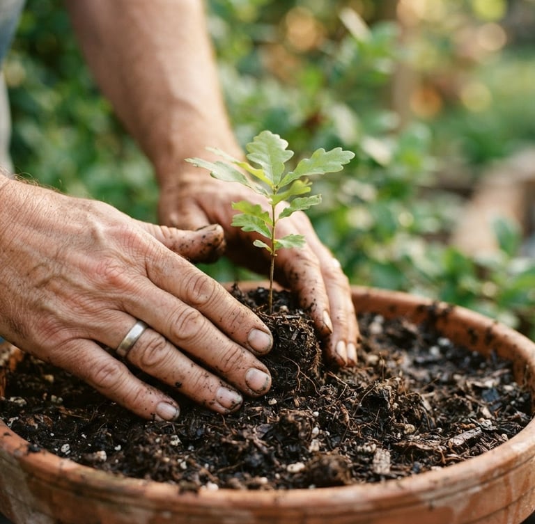 Close-up of weathered hands gently pressing rich, dark, damp soil around a tiny green oak sapling, soft golden-hour morning light, shallow depth of field, warm editorial photography style