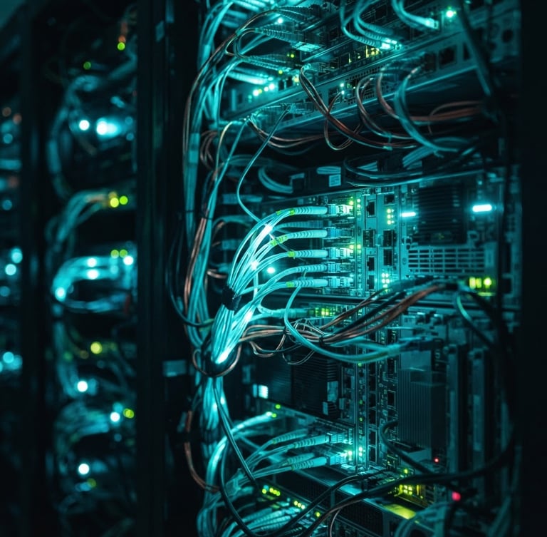 Close-up macro shot of interconnected server hardware, glowing with electric cyan and teal lights, in a dark, moody technical environment, wide aspect.