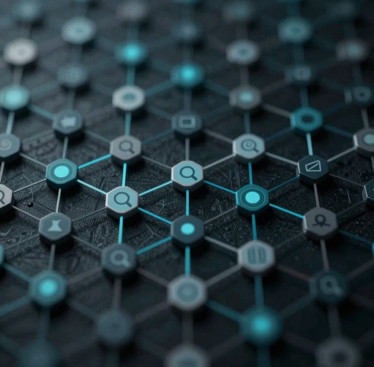 Abstract conceptual representation of data nodes and semantic search vectors, intricate connections with subtle cyan and gray tones, low-key lighting, macro lens.