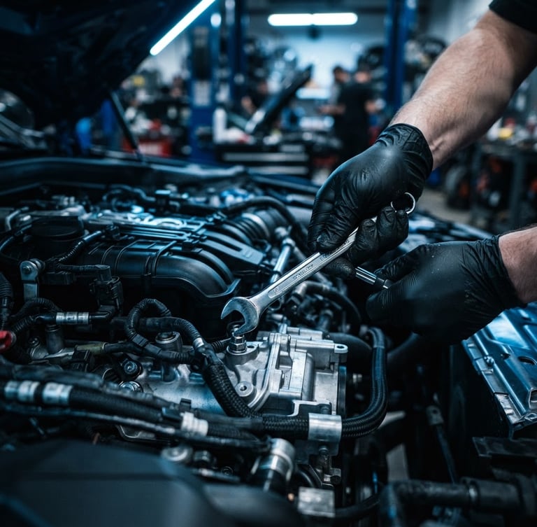 Close-up of hands in black protective gloves using a wrench on a modern car engine, dramatic cool workshop lighting, electric blue reflections, 35mm lens