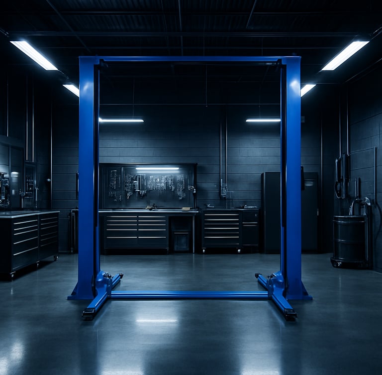 Wide environmental shot of an organized modern auto service bay with clean floors, electric blue lift, and sharp metallic tools, cool workshop lighting.