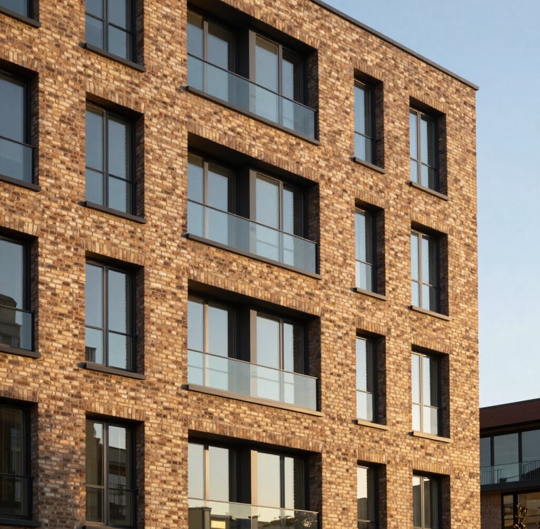 Architectural elevation of a premium modern apartment building at golden hour, highlighting natural brick textures and large windows.