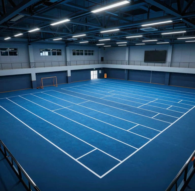 Overhead technical shot of a modern athletic training facility with sharp gridlines and cool, controlled blue studio lighting.