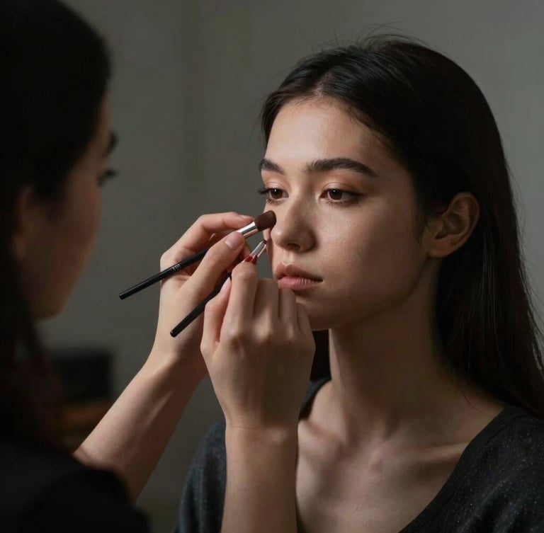 Behind-the-scenes shot of a makeup artist's hands meticulously applying product to a client's face in a modern, clean studio, soft moody shadows, studio key lighting, focus on the interaction and precision, portrait aspect.
