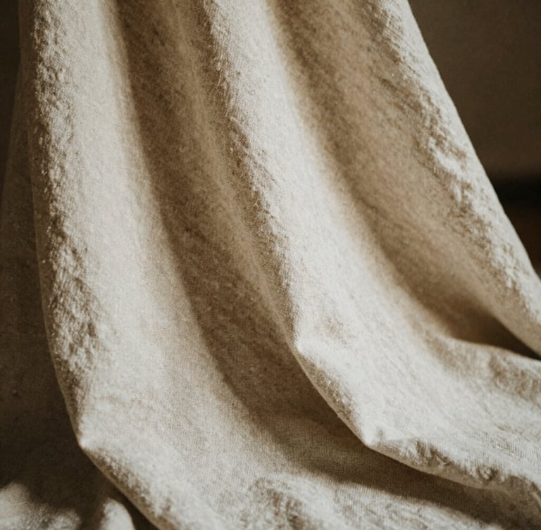 Extreme close-up of heavy organic linen fabric drape, soft natural afternoon light, deep shadows, warm bone and espresso tones, editorial 35mm photography