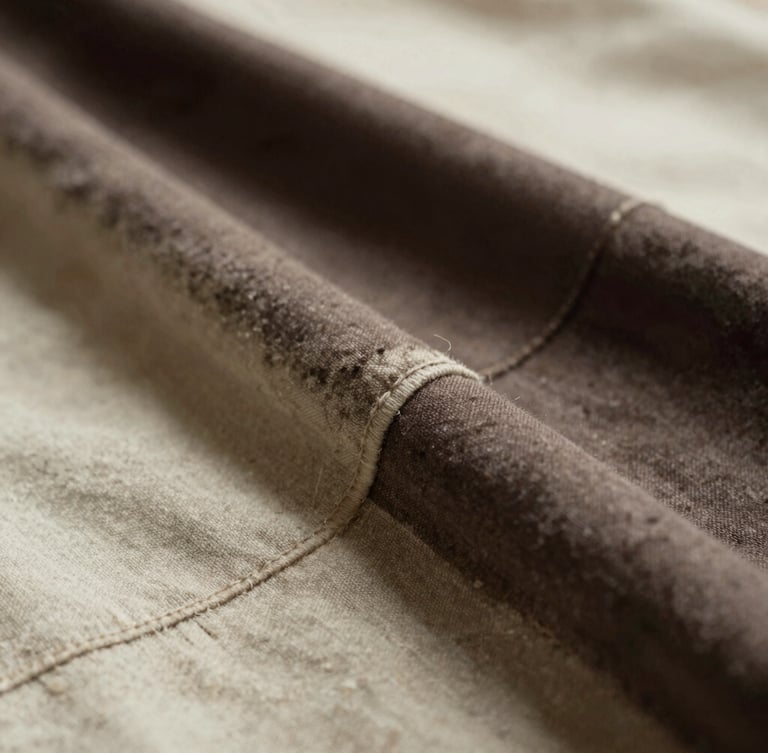 Extreme close-up of charcoal fabric texture with hand-finished seams, soft directional natural light, warm bone and deep espresso tones, 35mm film style