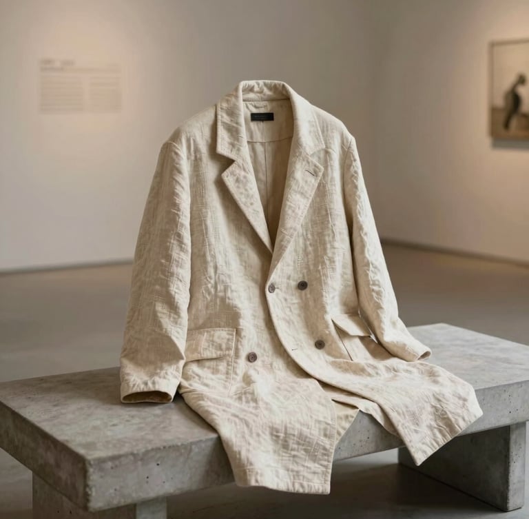 A monolithic architectural silhouette of a structured linen coat draped over a minimalist concrete bench, soft late afternoon gallery light, warm bone tones, shallow depth of field