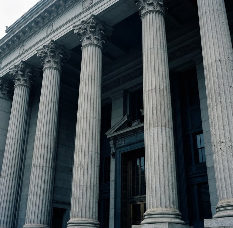Architectural close-up of a New York City courthouse facade, sharp limestone columns, cool overcast daylight, desaturated navy tones, 35mm lens.