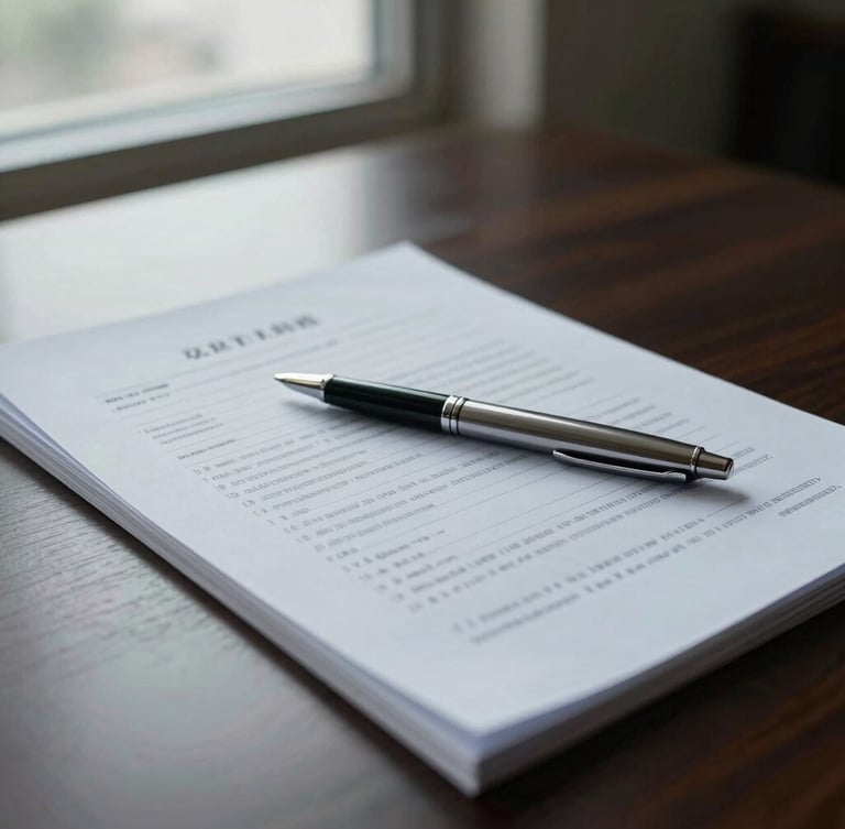 Close-up of a legal case file on a dark wooden desk, a high-end metal pen resting on top of structured documents, cool overcast window light, sharp focus, editorial documentary style.