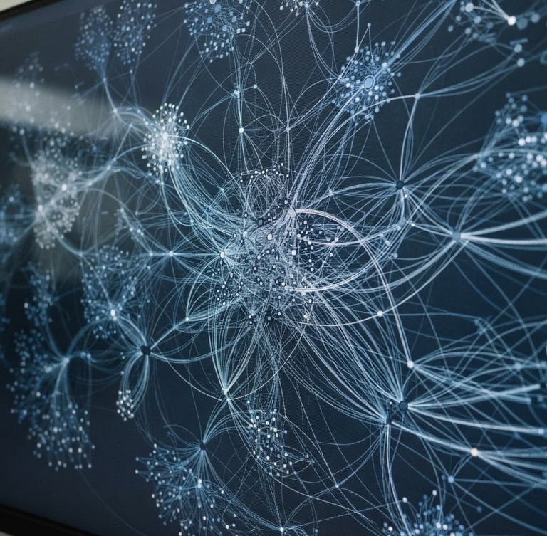 Macro shot of a high-resolution screen displaying abstract data nodes and connection maps, cool overcast tones, deep navy and slate accents, sharp focus, editorial documentary style.