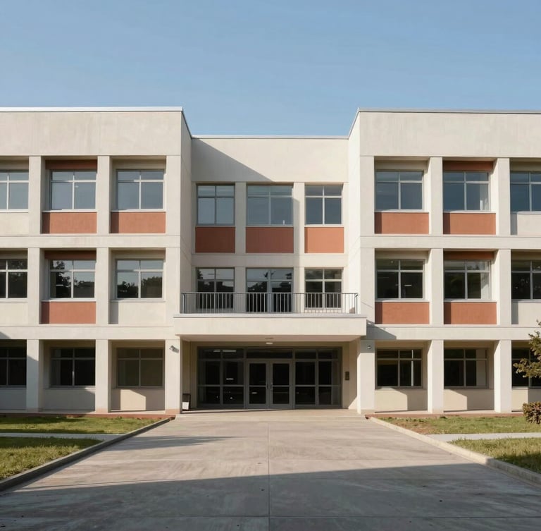 Symmetrical wide-angle shot of a modern institutional school campus facade under bright midday sun, clean concrete lines, terracotta accents, negative space on the left