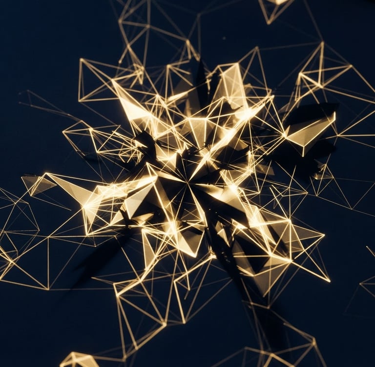 Close-up of a glowing gold abstract geometric data visualization on a dark navy screen, sharp shadows, high contrast, minimalist.