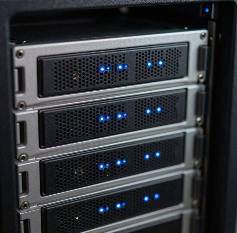 Macro shot of physical server hardware in a dark data center, electric blue indicator lights glowing on metallic surfaces, shallow depth of field, technical atmosphere.