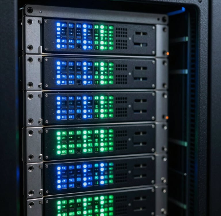 Macro shot of physical server hardware in a dark data center, glowing electric blue and cyber-green LED status lights, sharp focus, architectural depth.