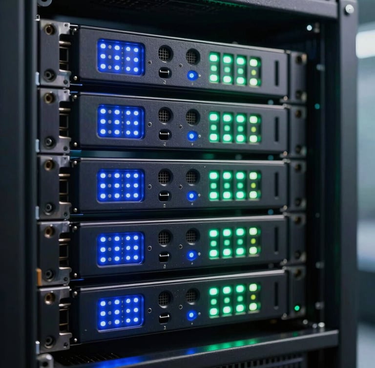 Macro shot of physical server hardware inside a high-security data center, glowing electric blue and cyber green status LEDs, dark obsidian racks, shallow depth of field.