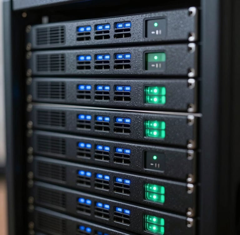 Macro shot of physical server hardware, clean black aluminum server racks with glowing electric blue and cyber-green LED indicators, shallow depth of field.