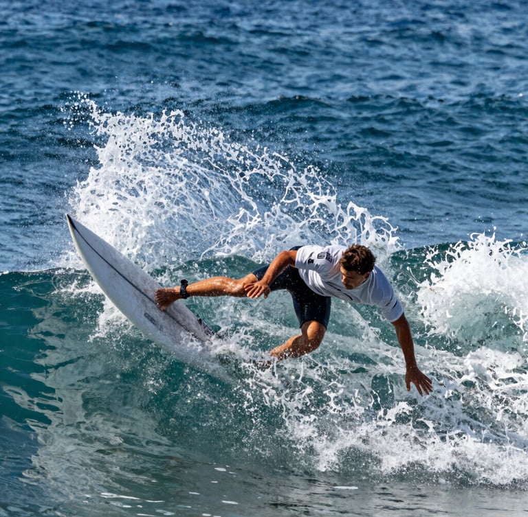 Tight, high-contrast action shot of a professional surfer executing a sharp turn, deep ocean blues, crisp morning daylight, water spray in sharp focus, 35mm
