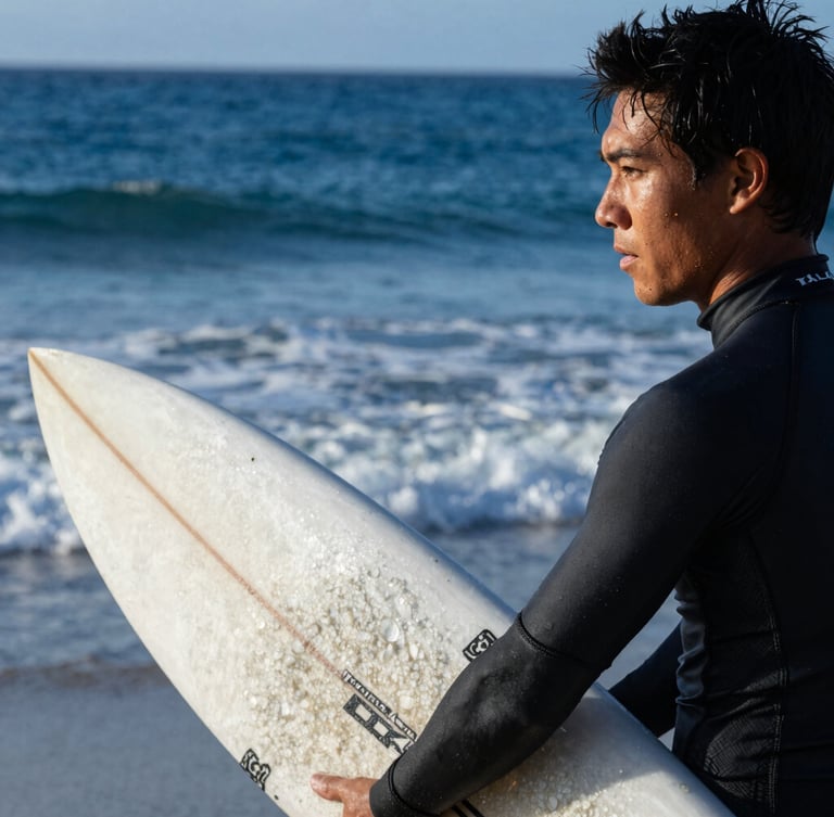 Close-up of a focused athlete preparing on the beach, holding a surfboard under cold morning light, sharp focus, 35mm sports photography.