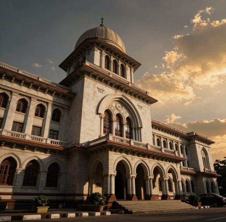 Low-angle architectural photograph of the Hyderabad High Court exterior, high-contrast chiaroscuro lighting casting deep shadows, dramatic golden hour sky in the background.