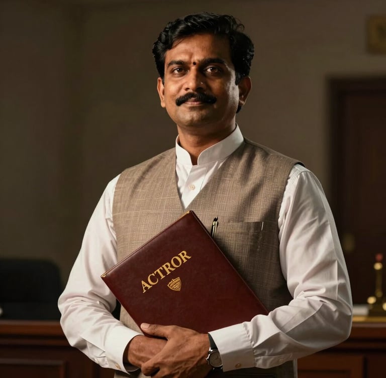 Low-angle dramatic portrait of Advocate Ravieendranath in professional courtroom attire, holding a legal brief, warm golden chiaroscuro lighting, dark background.