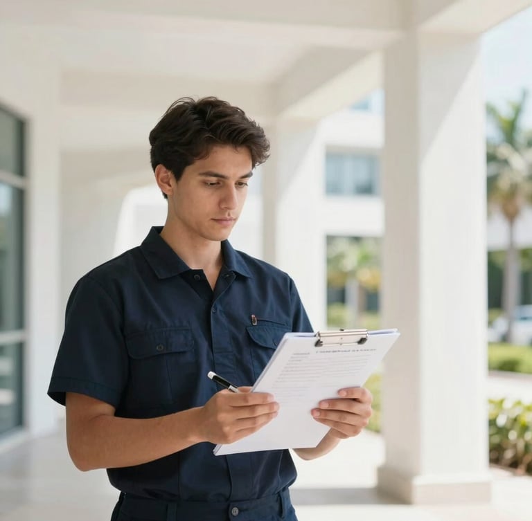 Portrait of a professional cleaning team member in a crisp, dark uniform, holding a clipboard with a checklist, with bright natural Florida daylight illuminating their focused expression, architectural background of a clean, modern interior, 35mm, portrait aspect.