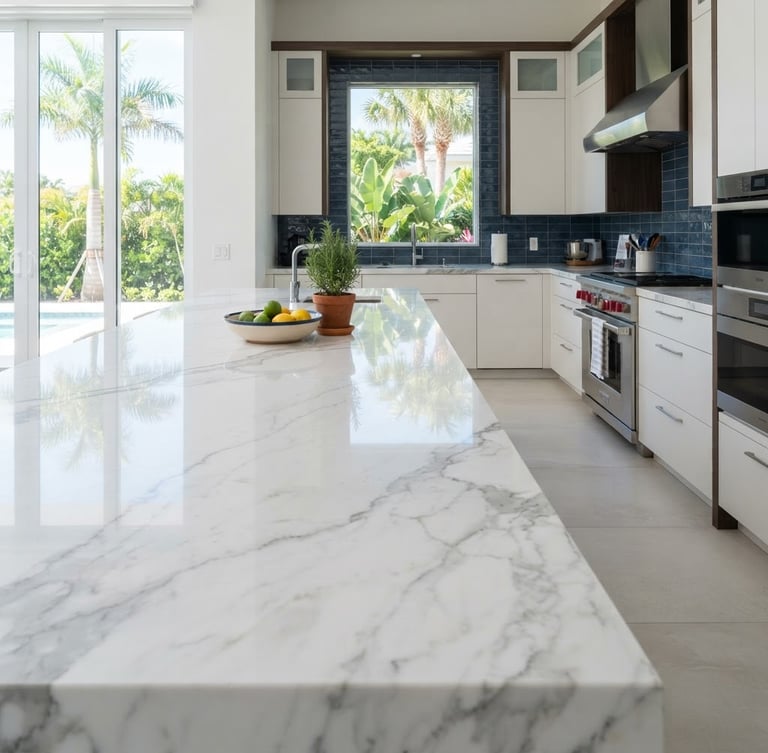 Wide shot of a pristine, high-gloss marble countertop in a modern kitchen, bathed in bright natural Florida daylight, with a subtle reflection of a window, sharp focus.
