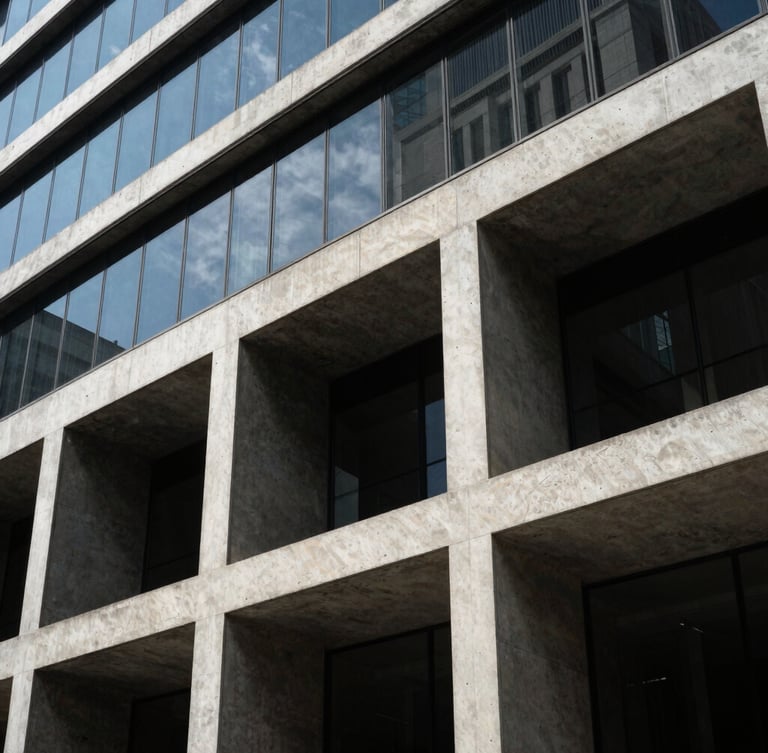Minimalist architectural crop of a modern corporate building facade in São Paulo, sharp concrete angles and deep glass reflections under harsh daylight.