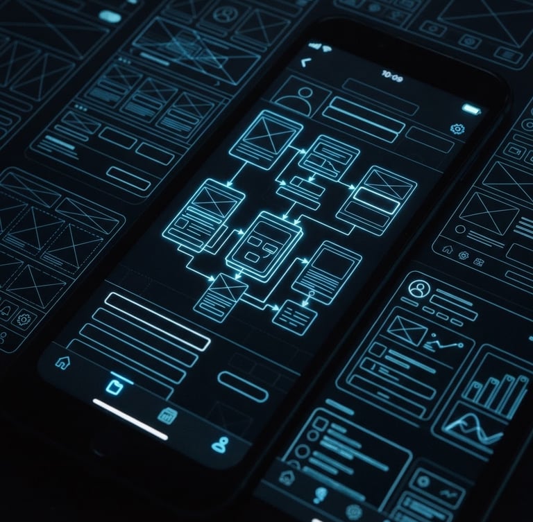Sleek dark-mode technology photography, mobile interface wireframe glowing with subtle neon blue accents, sharp focus, high-contrast, 35mm lens