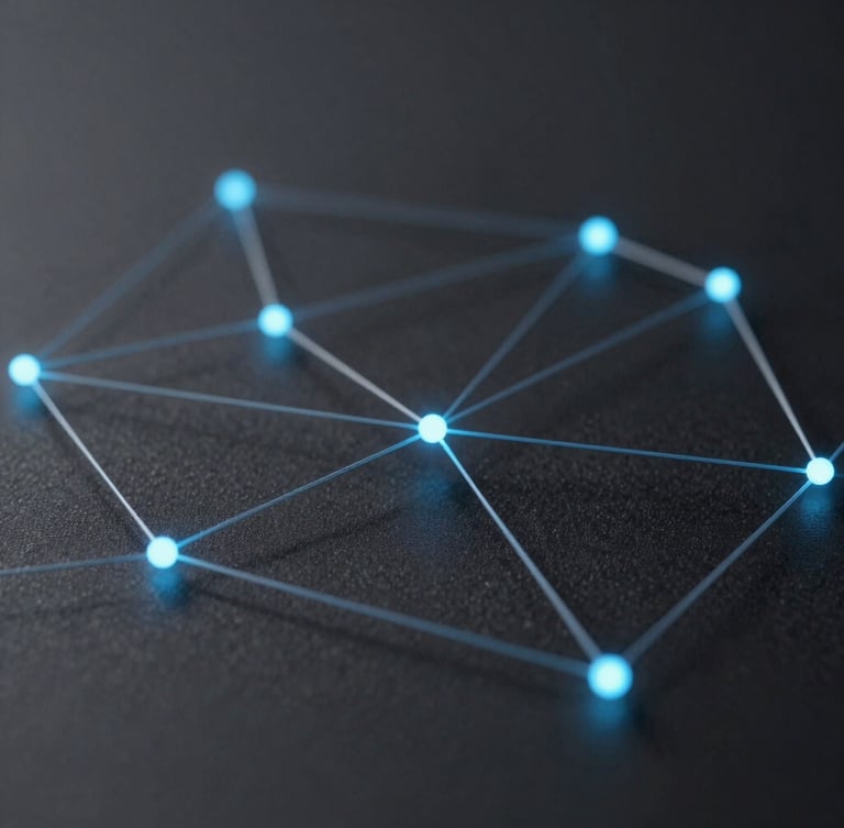 Abstract glowing network connections on a deep slate gray background, soft neon blue light reflections, low-key lighting, sharp focus, 35mm lens